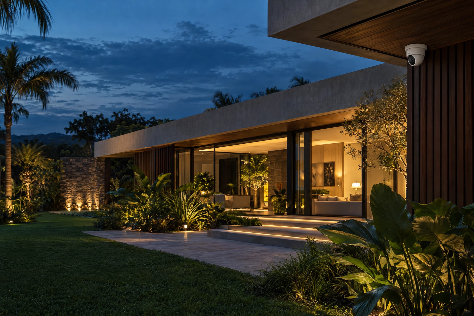 Imagem conceitual de uma casa contemporânea com iluminação acolhedora e câmera de segurança